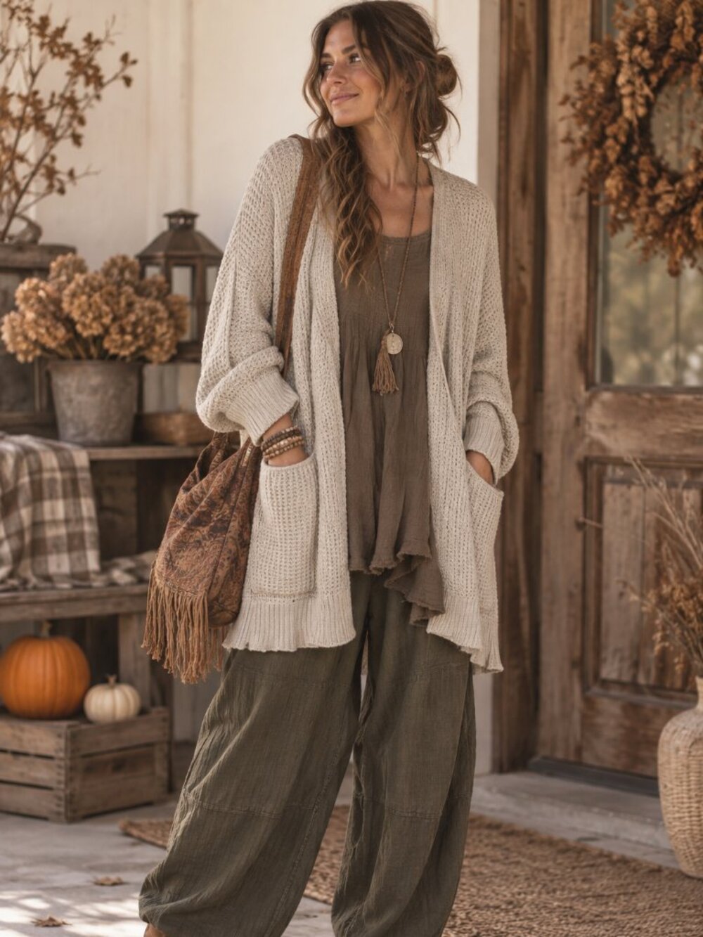 Cream Cotton Open Front Knit Cardigan